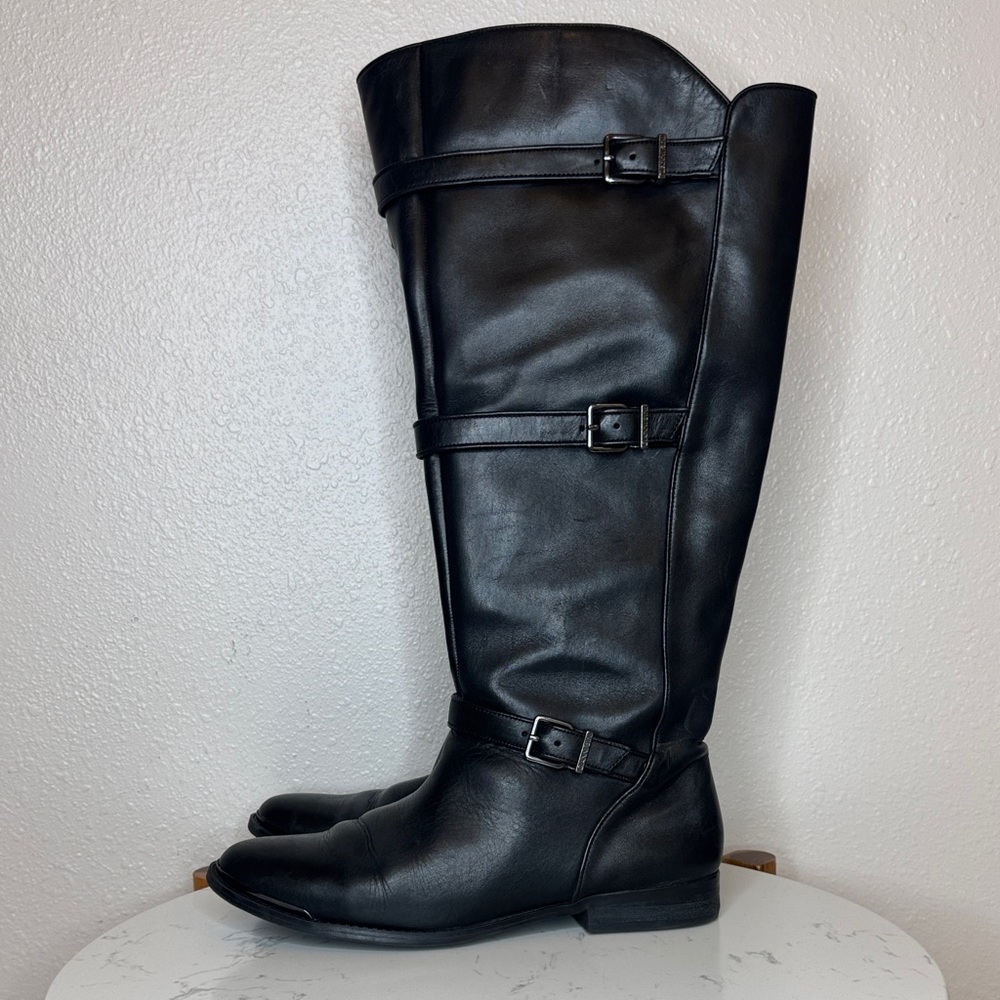 Gianni Bini Black Leather‎ Riding Just Below Knee Boots size 9.5 WIDE CALF